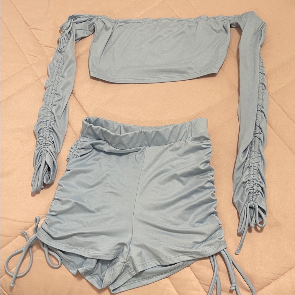 Fashion Nova Light Blue Off-Shoulder Crop Top Set